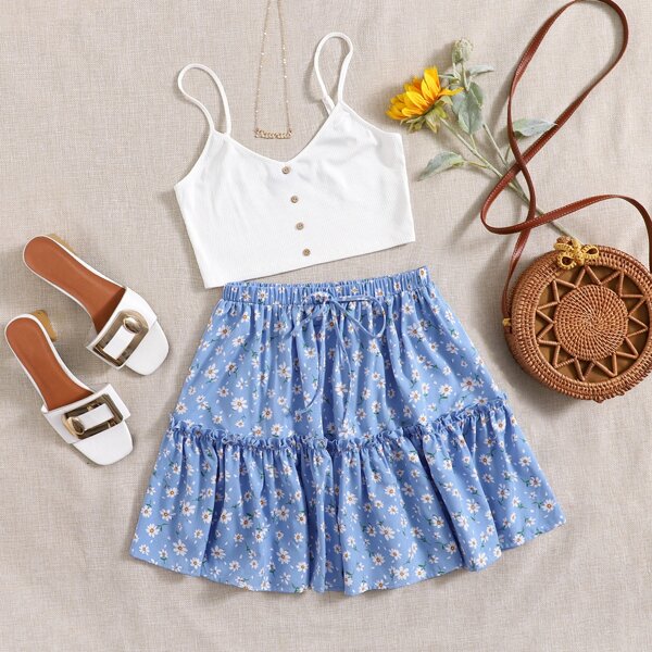 

Button Front Cami Top & Ditsy Floral Skirt Set, Blue and white