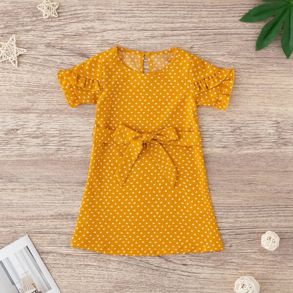 

Toddler Girls All Over Heart Print Petal Sleeve Belted Dress, Mustard yellow