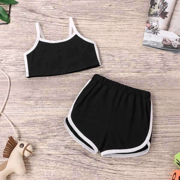 

Toddler Girls Contrast Binding Cami Top & Shorts, Black