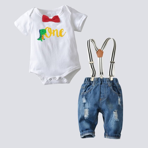 

Baby Boy Cartoon Graphic Bow Bodysuit & Ripped Jeans, Blue and white