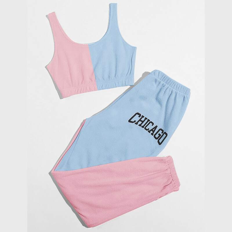 

Two Tone Crop Tank Top & Letter Pants, Multicolor