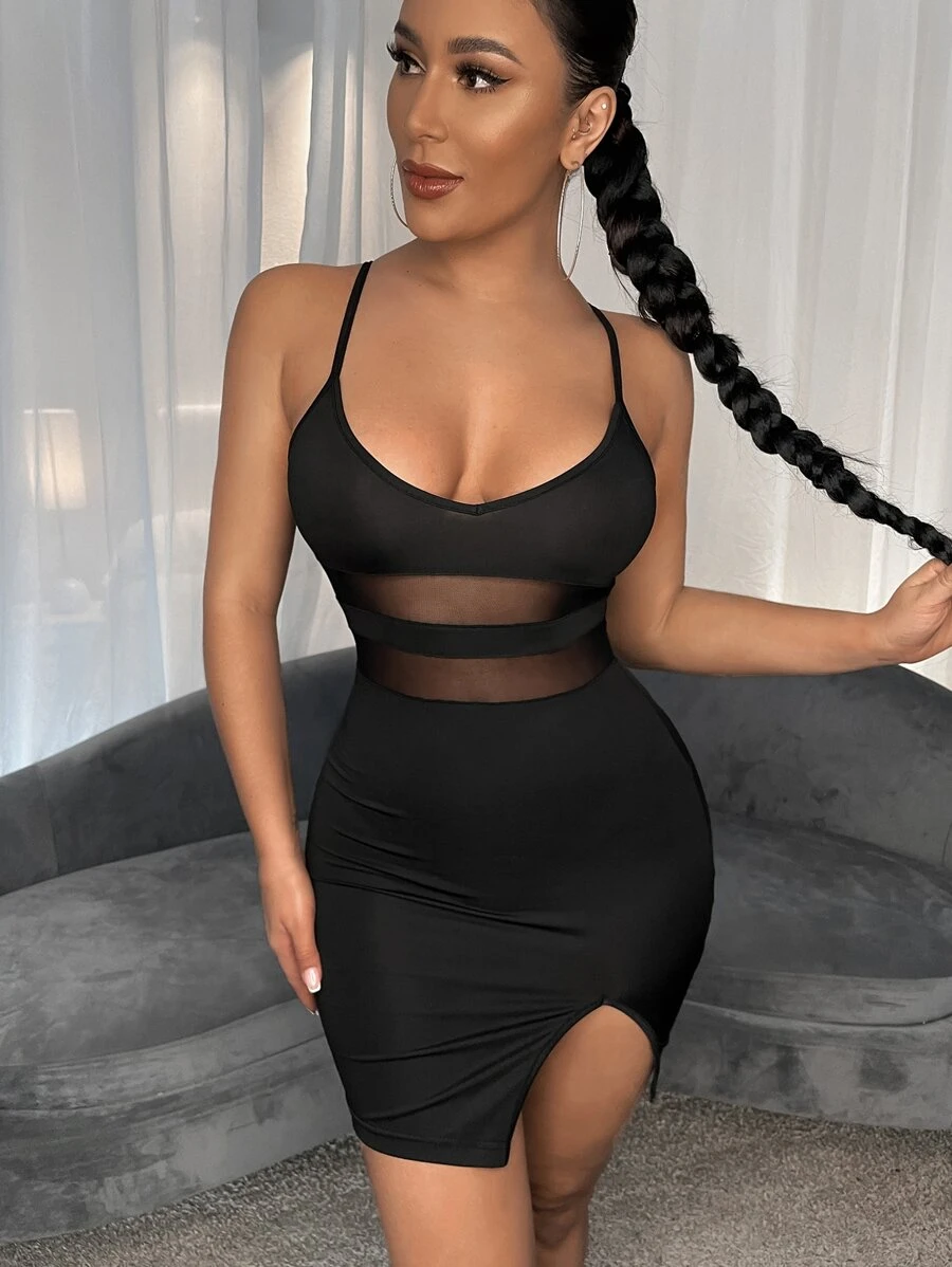 SHEIN SXY Contrast Mesh Slit Hem Dress