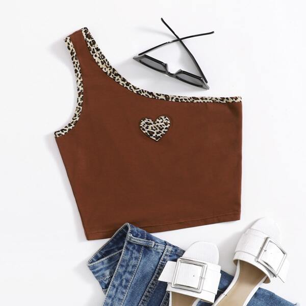 

Leopard Trim One Shoulder Top, Brown