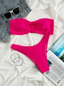 Swim Mod Summer Beach Solid Bikini Set Knot Decor Bandeau Top & High Cut Bottom 2 Piece Bathing Suit - Hot Pink - View 1