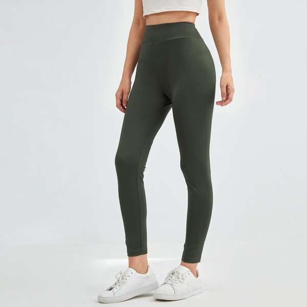 

Solid Wide Waistband Leggings, Army green