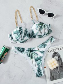 SHEIN Swim Tropical Push Up Chain Strap Bikini Set Summer Beach - Multicolor - View 1