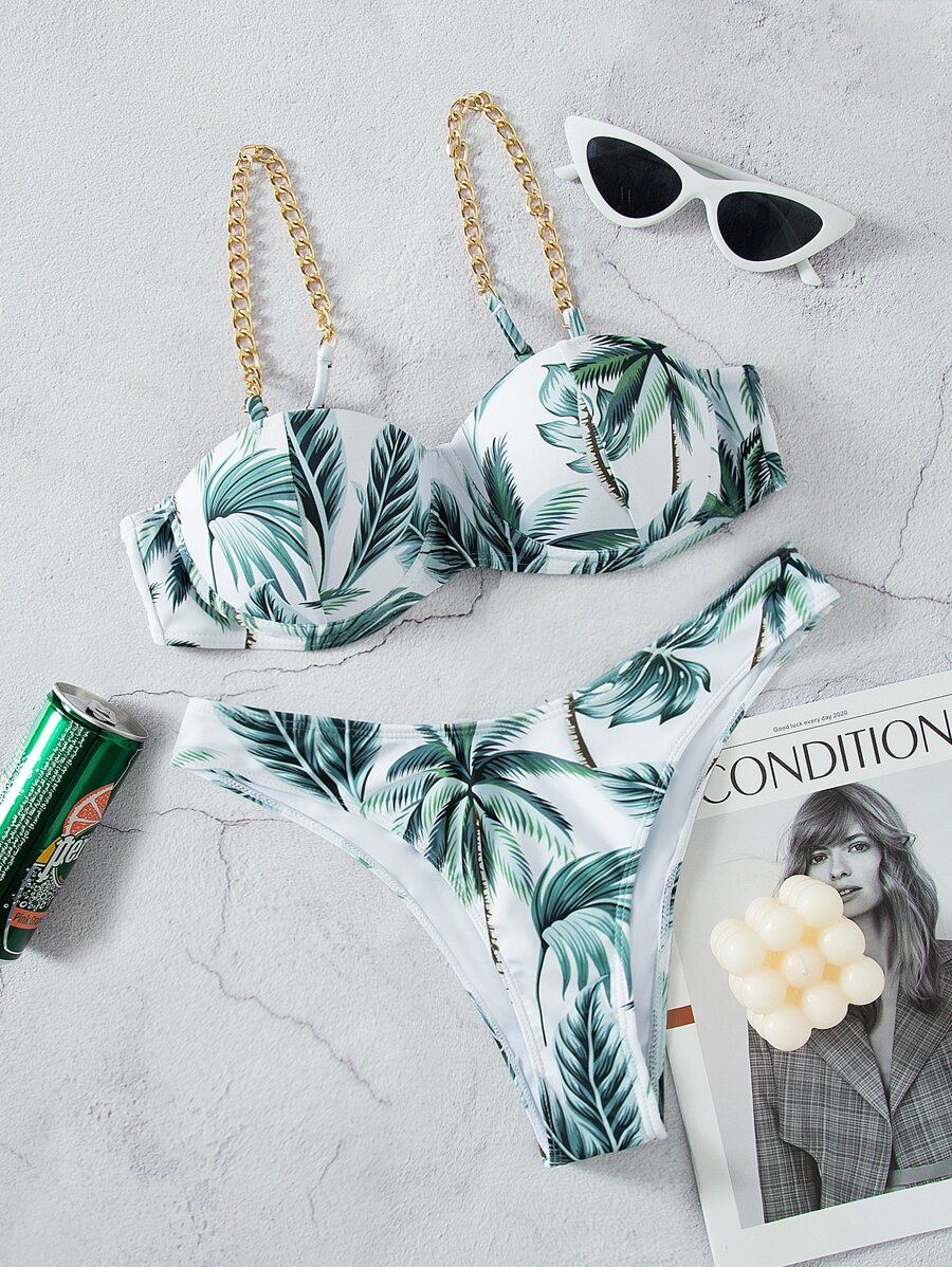 SHEIN Swim Tropical Push Up Chain Strap Bikini Set Summer Beach - Multicolor - View 1