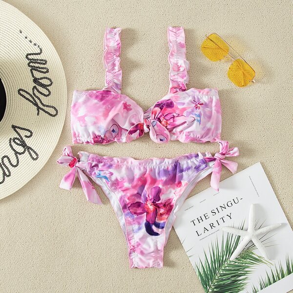 

Floral Knot Front Bikini Swimsuit, Pink