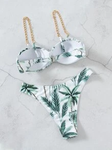 SHEIN Swim Tropical Push Up Chain Strap Bikini Set Summer Beach - Multicolor - View 2