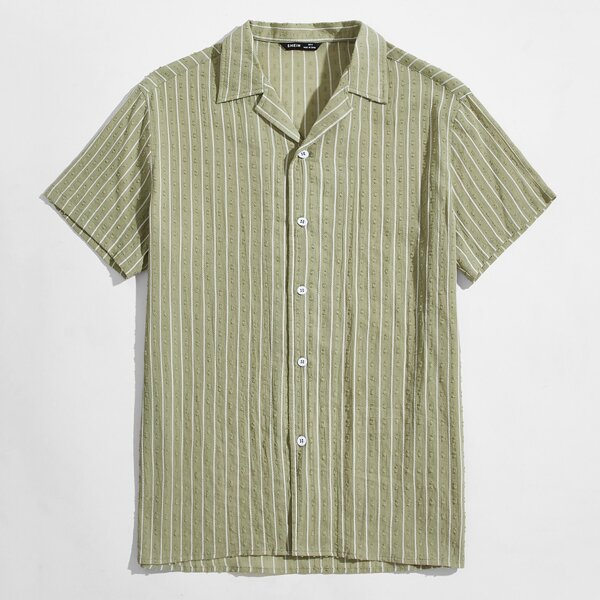 

Men Revere Collar Swiss Dot Striped Shirt, Mint green