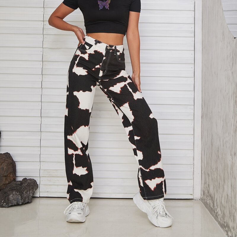 

High Waist Allover Print Jeans, Black and white