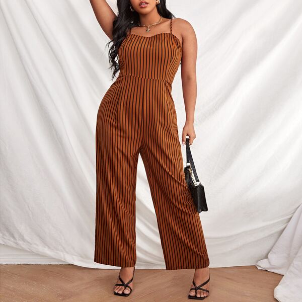

Plus Striped Cami Jumpsuit, Rust brown