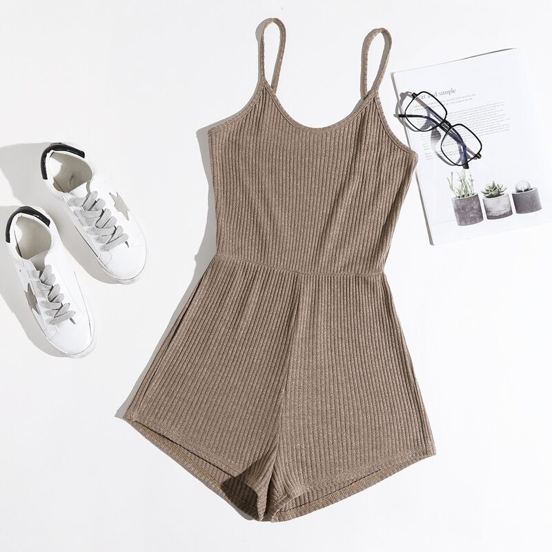 

Solid Rib-Knit Cami Romper, Brown