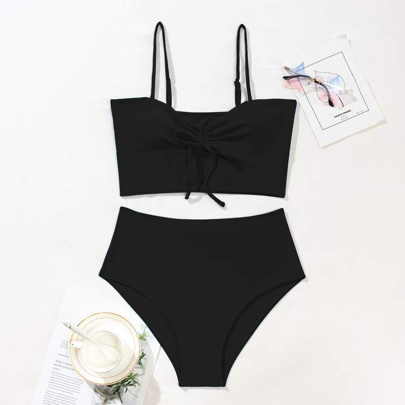 

Drawstring High Waisted Bikini Swimsuit, Black