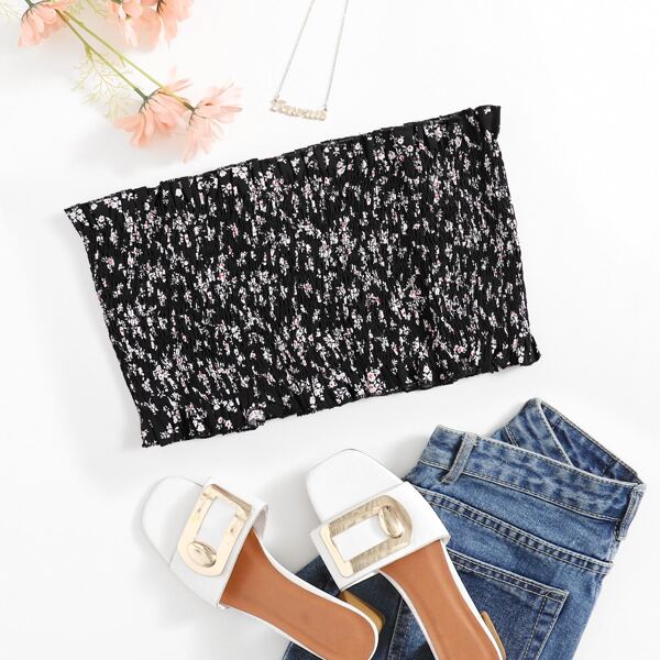 

Plus Ditsy Floral Shirred Tube Top, Black