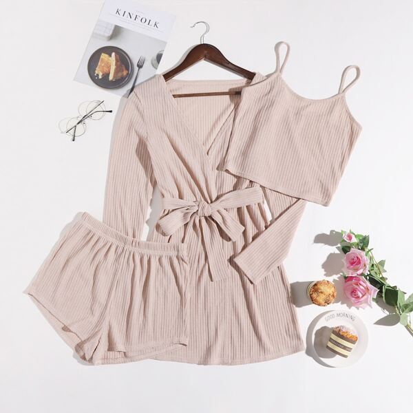 

3 Pack Rib-knit Belted Robe Set, Apricot