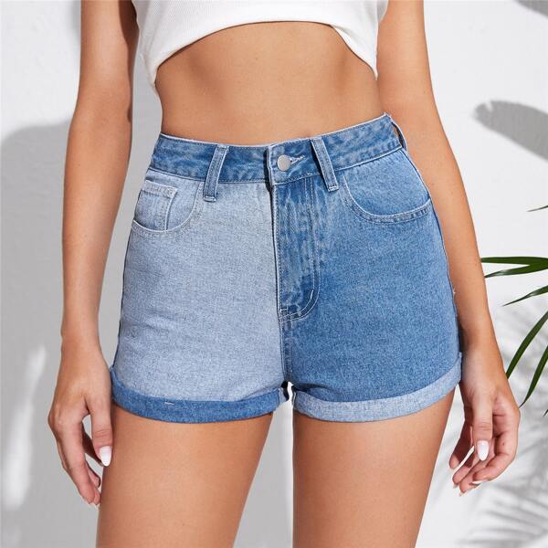

High Waist Roll Hem Colorblock Denim Shorts, Light wash