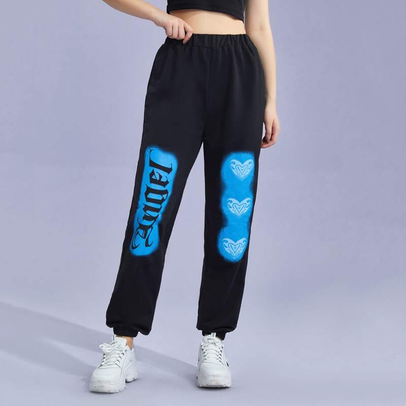 

Letter Heart Graphic Sweatpants, Black