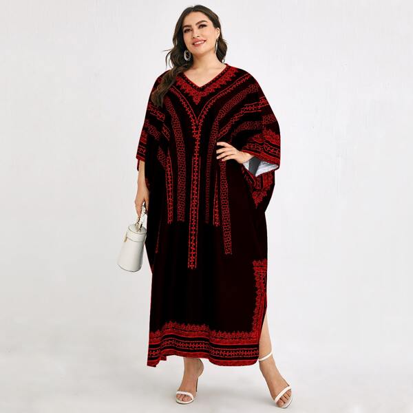 

Plus Geo Embroidery Batwing Sleeve Dress, Multicolor
