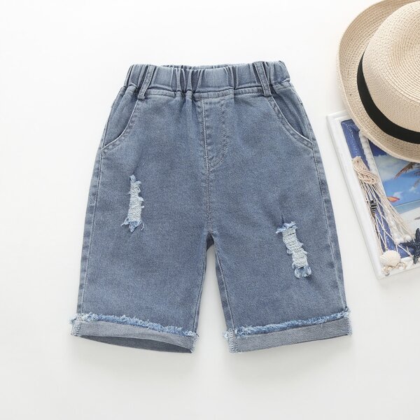

Toddler Boys Ripped Cuff Hem Denim Shorts, Light wash