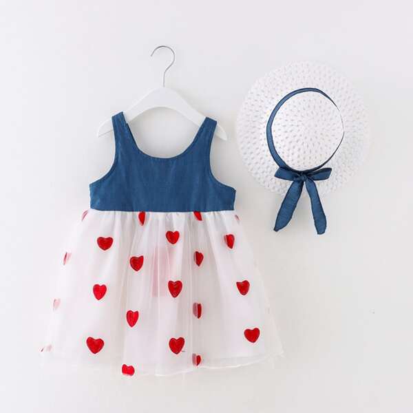 

Toddler Girls Heart Embroidery Big Bow Babydoll Dress Without Hat, Multicolor