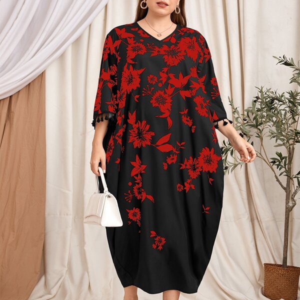 

Plus Floral Print Tassel Trim Cocoon Dress, Multicolor