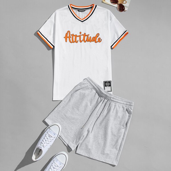 

Men Striped Trim Patch Detail Mesh Basketball Jersey Set, Multicolor
