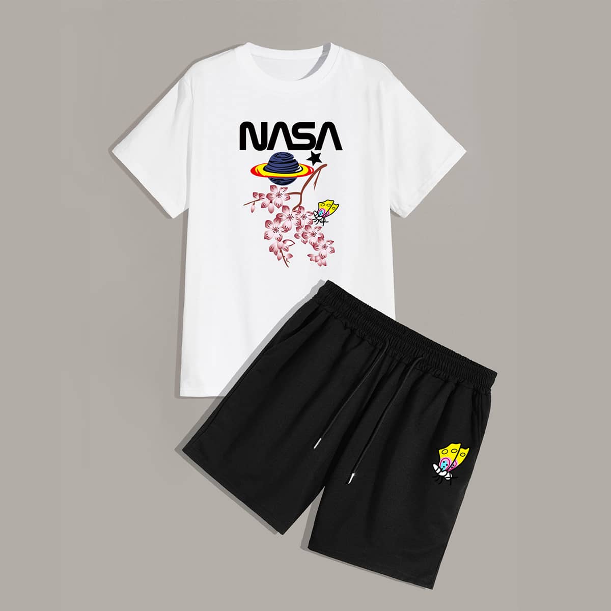 

Guys Letter Floral Graphic Tee & Drawstring Shorts, Black and white