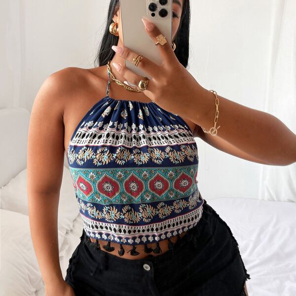 

Plus Tassel Shirred Tie Back Halter Top, Multicolor