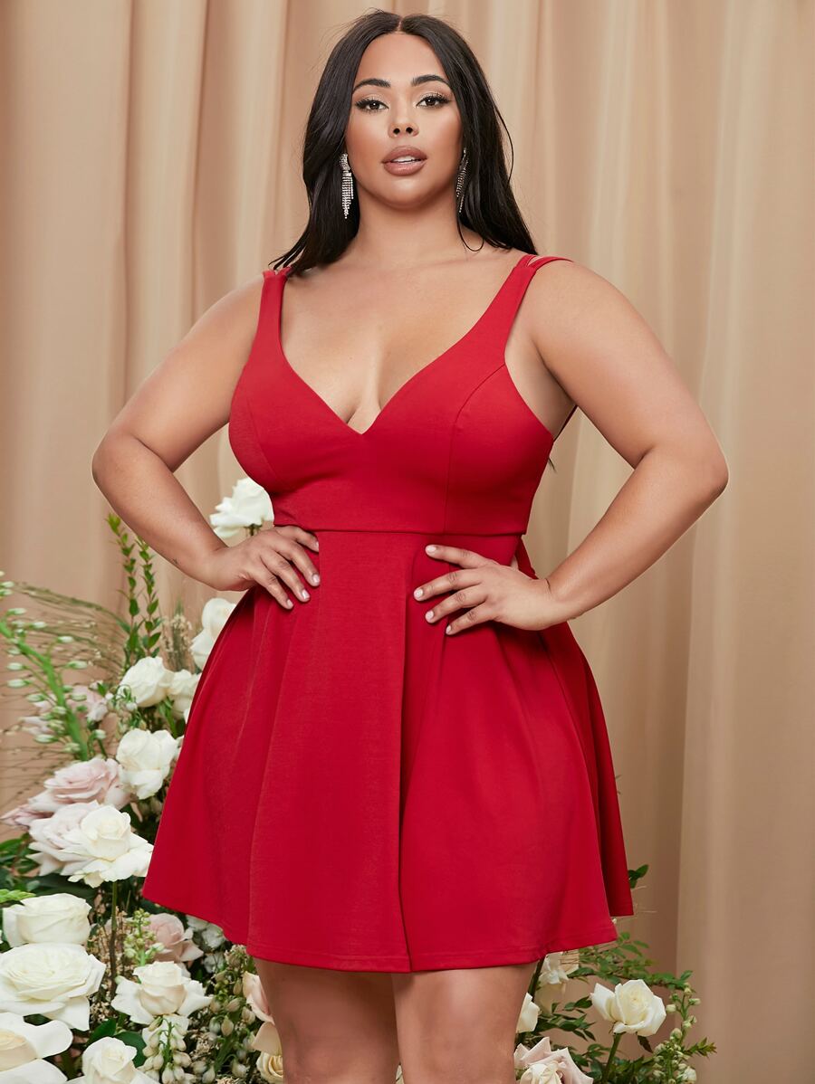 SHEIN Belle Plus Double Strap Dress - Red - View 1