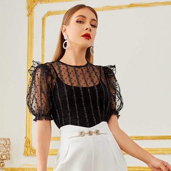 

Frill Trim Flocked Mesh Top Without Camisole, Black