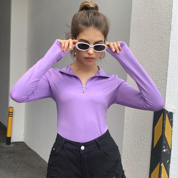 

Zip Half Placket Slim Tee, Lilac purple