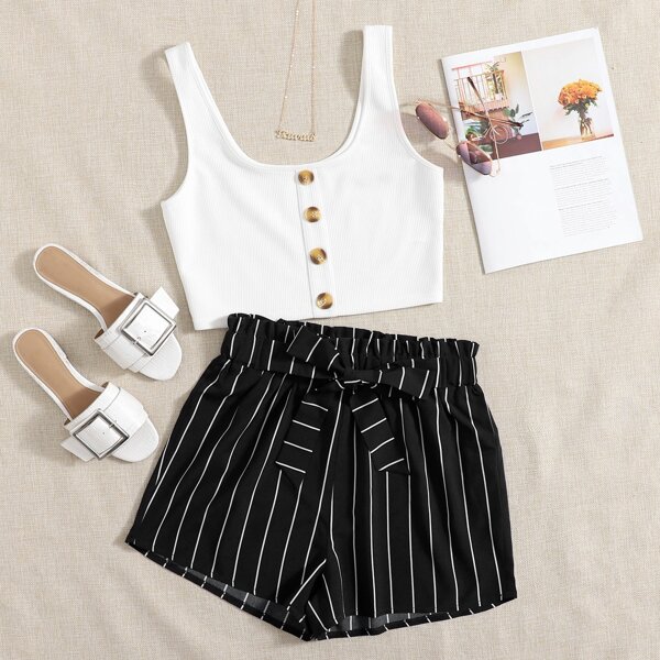 

Button Front Top & Striped Belted Shorts Set, Black and white