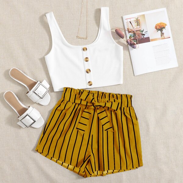 

Button Front Top & Striped Belted Shorts Set, Multicolor