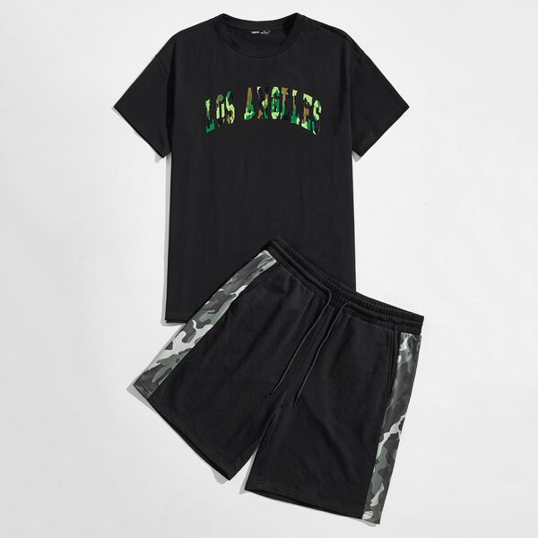 

Men Camo Letter Graphic Top & Shorts Set, Black