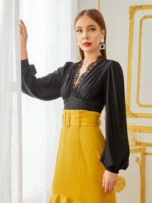 SHEIN Bodys Encaje en contraste Liso Elegante - Negro - Ver 4