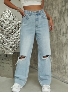 Jeans rotos de pierna ancha de cintura alta - Lavado ligero - Ver 3