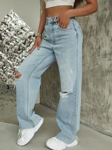 Jeans rotos de pierna ancha de cintura alta - Lavado ligero - Ver 4