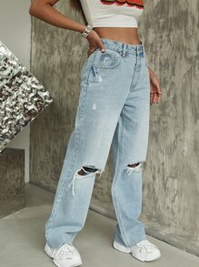 Jeans rotos de pierna ancha de cintura alta - Lavado ligero - Ver 5