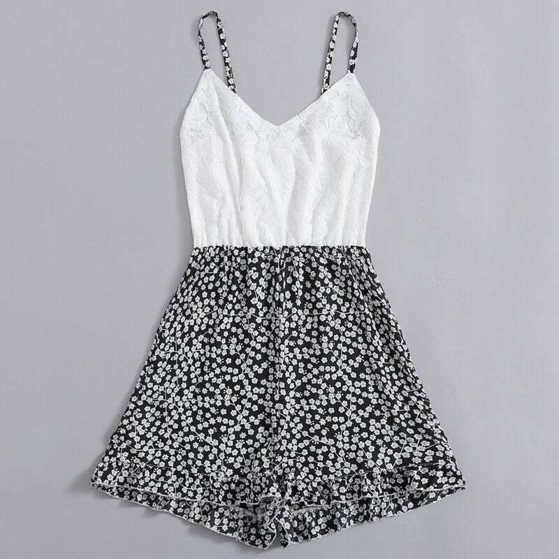 

Ditsy Floral Embroidery Romper, Black and white