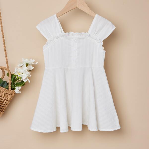 

Toddler Girls Frill Trim Half Button Swing Dress, White