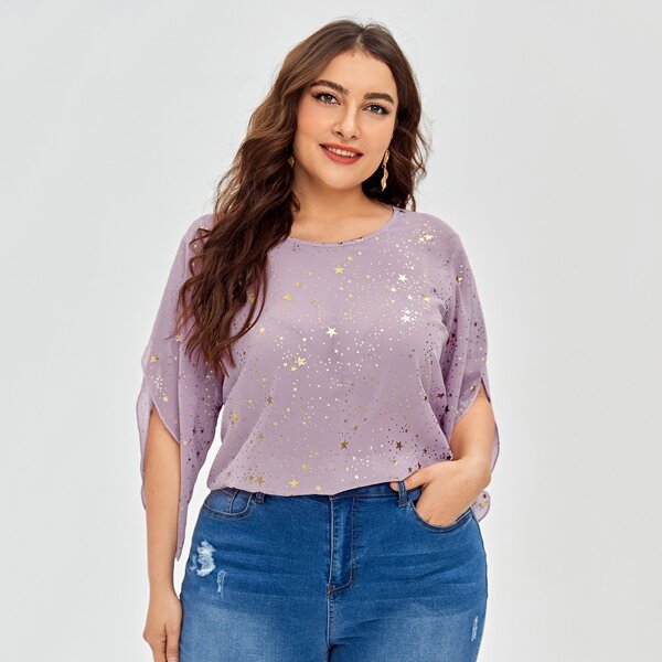 

Plus Allover Star Print Blouse, Dusty purple