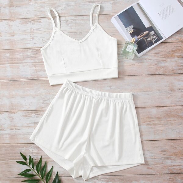 

Rib-knit Solid Cami PJ Set, White