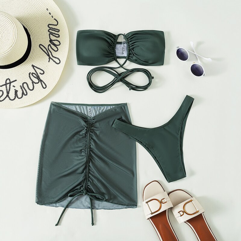 

3pack Solid Bikini Swimsuit With Drawstring Cover Up, Army green