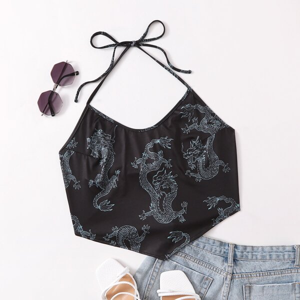 

Plus Chinese Dragon Tie Back Halter Top, Black