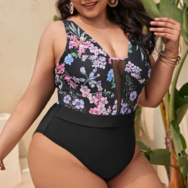 

Plus Floral Contrast Mesh One Piece Swimsuit, Multicolor