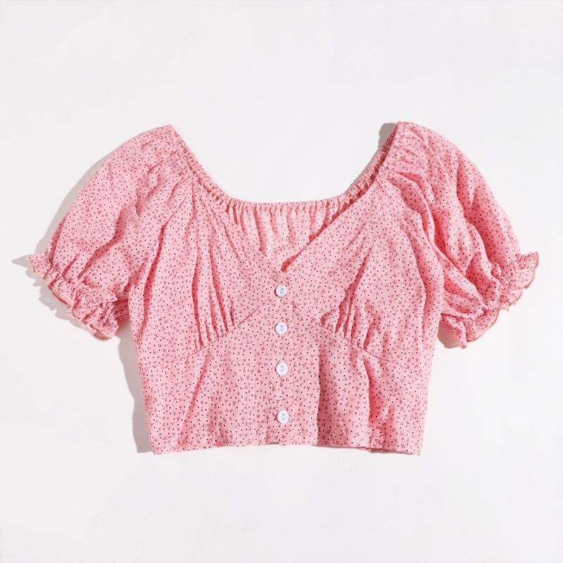 

Ditsy Floral Button Front Crop Top, Pink