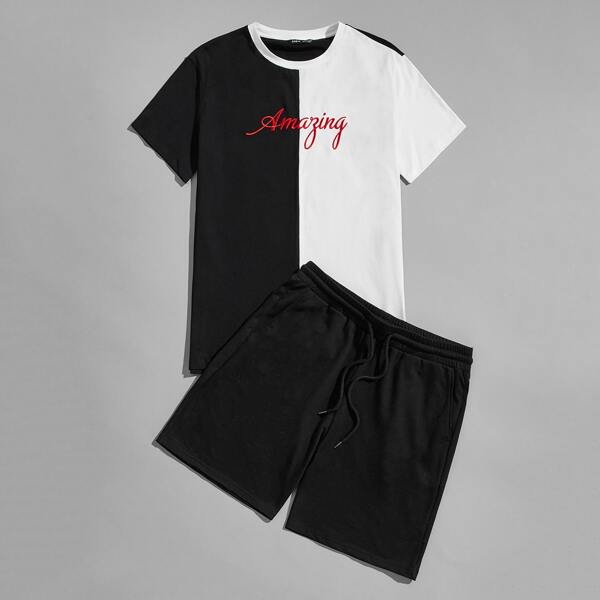 

Men Letter Embroidery Two Tone Top & Shorts PJ Set, Black and white