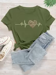 SHEIN LUNE Electrocardiogram Print Round Neck T-Shirt - Army Green - View 1