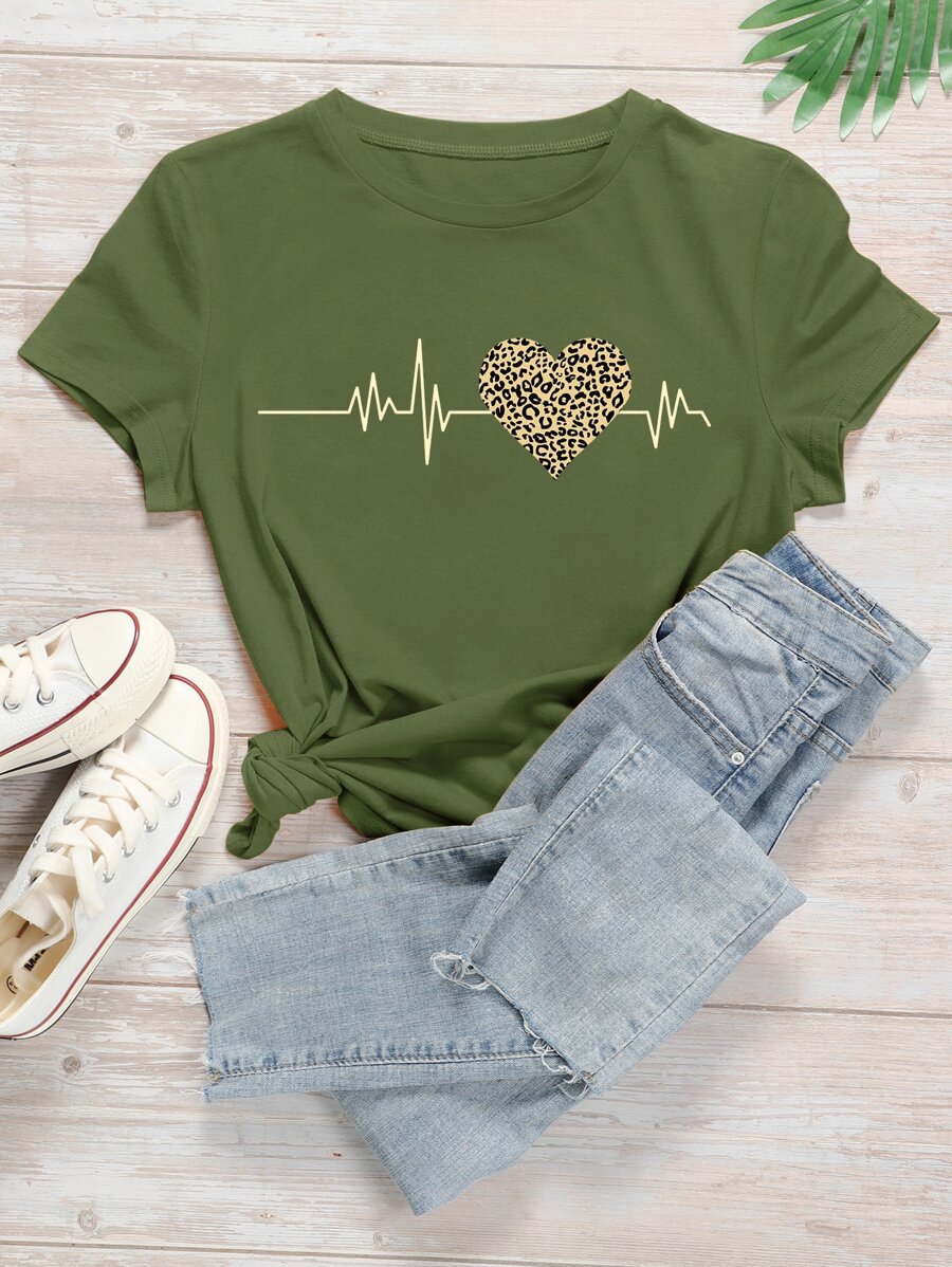 SHEIN LUNE Electrocardiogram Print Round Neck T-Shirt - Army Green - View 1